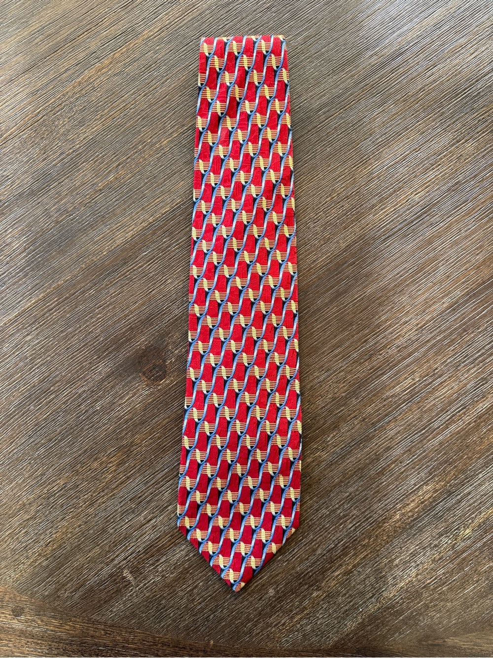 Ermenegildo Zegna Red Geometric Silk Tie with Yellow and Blue Accents